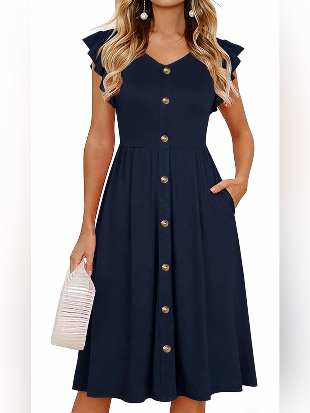 Macys Women’s Navy Flutter Sleeve Button-Front Midi Dress